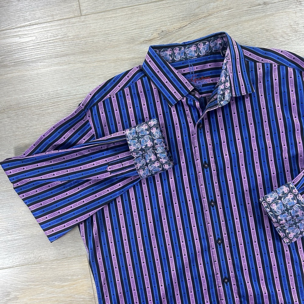 Robert Graham Mens XL Purple Blue Stripe Flip Cuff Luxury Designer Dress Preppy*